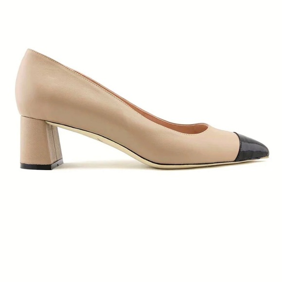 Ally Shoes - Ally Bossy Beige Leather Cap Toe Lower Block Heel Pump